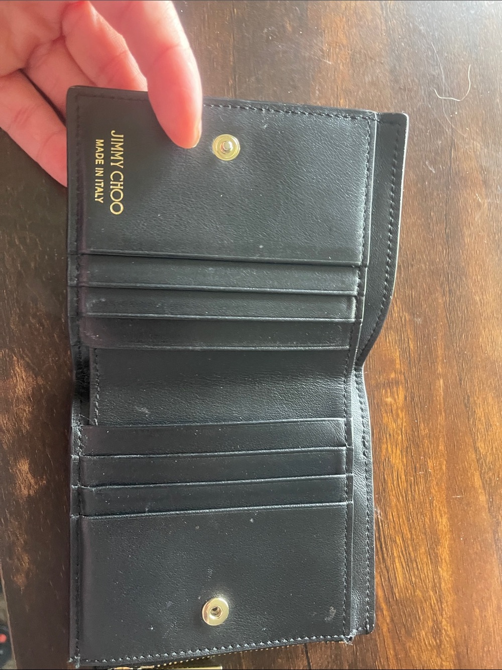 Jimmy Choo Black Leather Fold Card Holder with Gold Logo - Picture 2 of 5